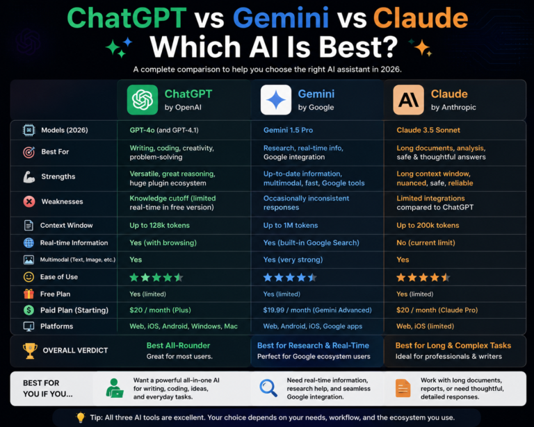 ChatGPT vs Gemini vs Claude (2026 Comparison) – Which AI Is Best?